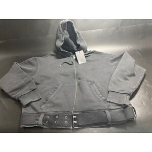 The Kooples Mens Distressed Belted Zip Up Hoodie Faded Relaxed Fit Black XL NEW